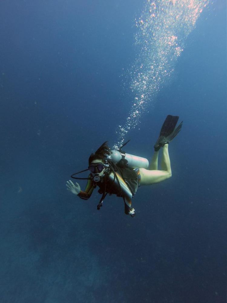 a person flying through the air while swimming in a body of water