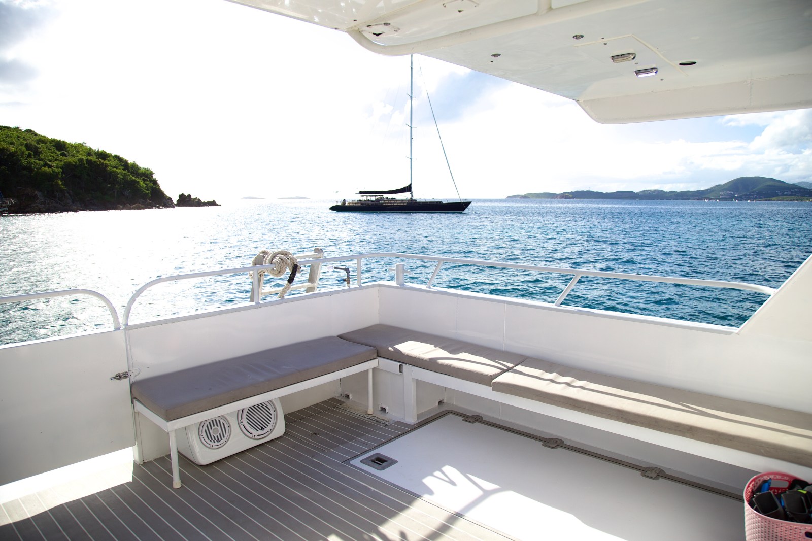 Shaded Padded downstairs seating in the back of the boat