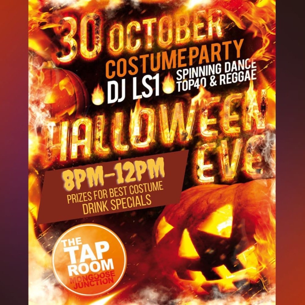 Halloween Eve costume party poster with jack-o'-lantern and event details in fiery text.