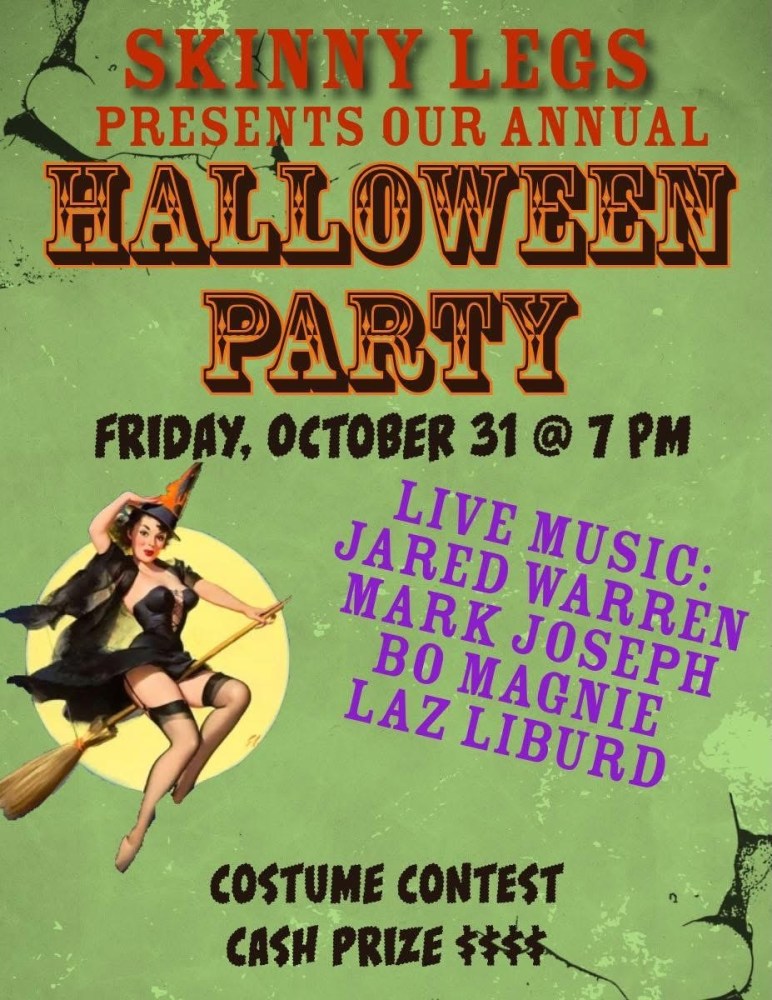 Halloween party poster with witch on broomstick, October 31st, live music, costume contest, cash prize.