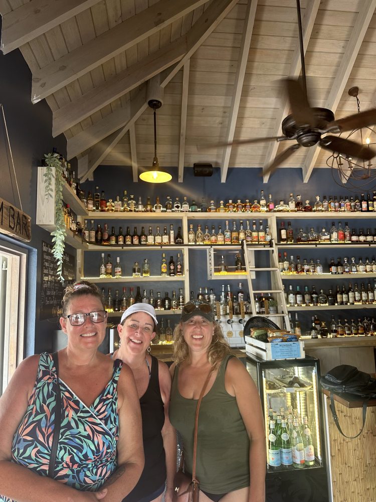 Three women smiling in a bar with shelves of bottles and a ceiling fan above.