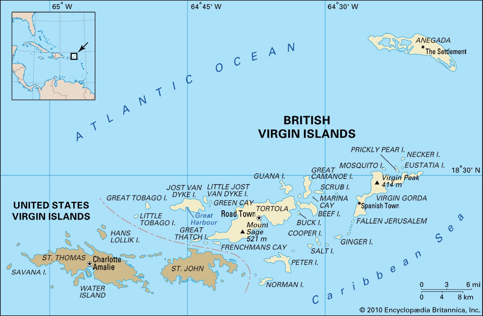 Map of British and United States Virgin Islands, showing major islands and locations.