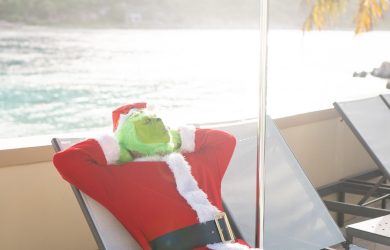 Grinch in Santa suit relaxing on a lounge chair by the water.