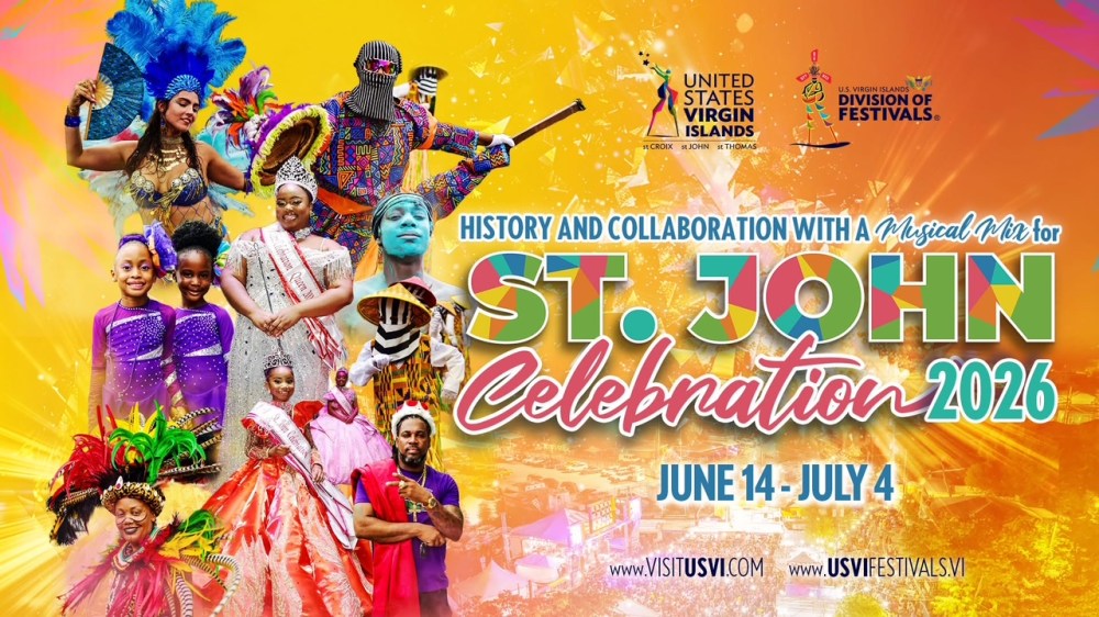 Colorful 2026 St. John Celebration poster with dancers in traditional costumes.