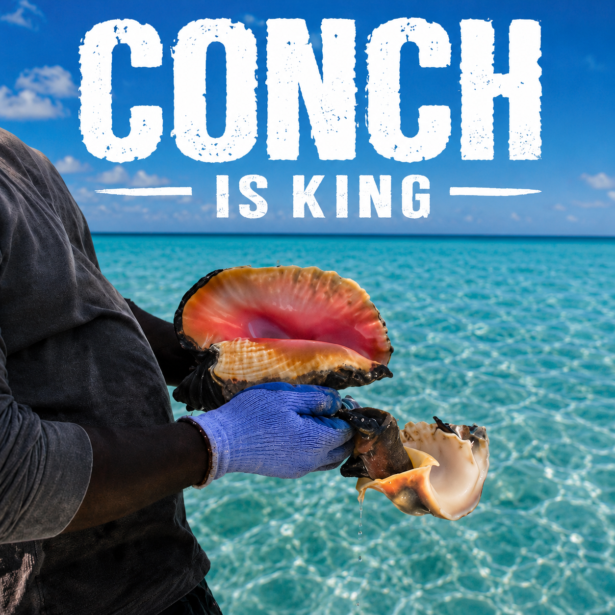 Person holding a conch shell at the beach with text 'CONCH IS KING' above.