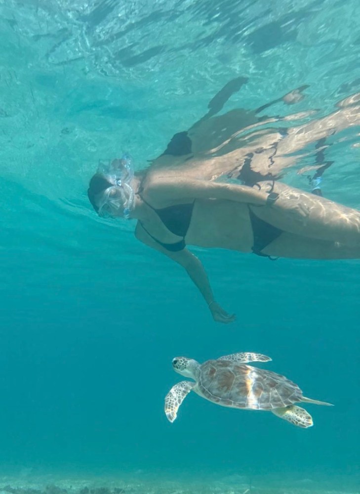 Person snorkeling underwater near a swimming sea turtle.