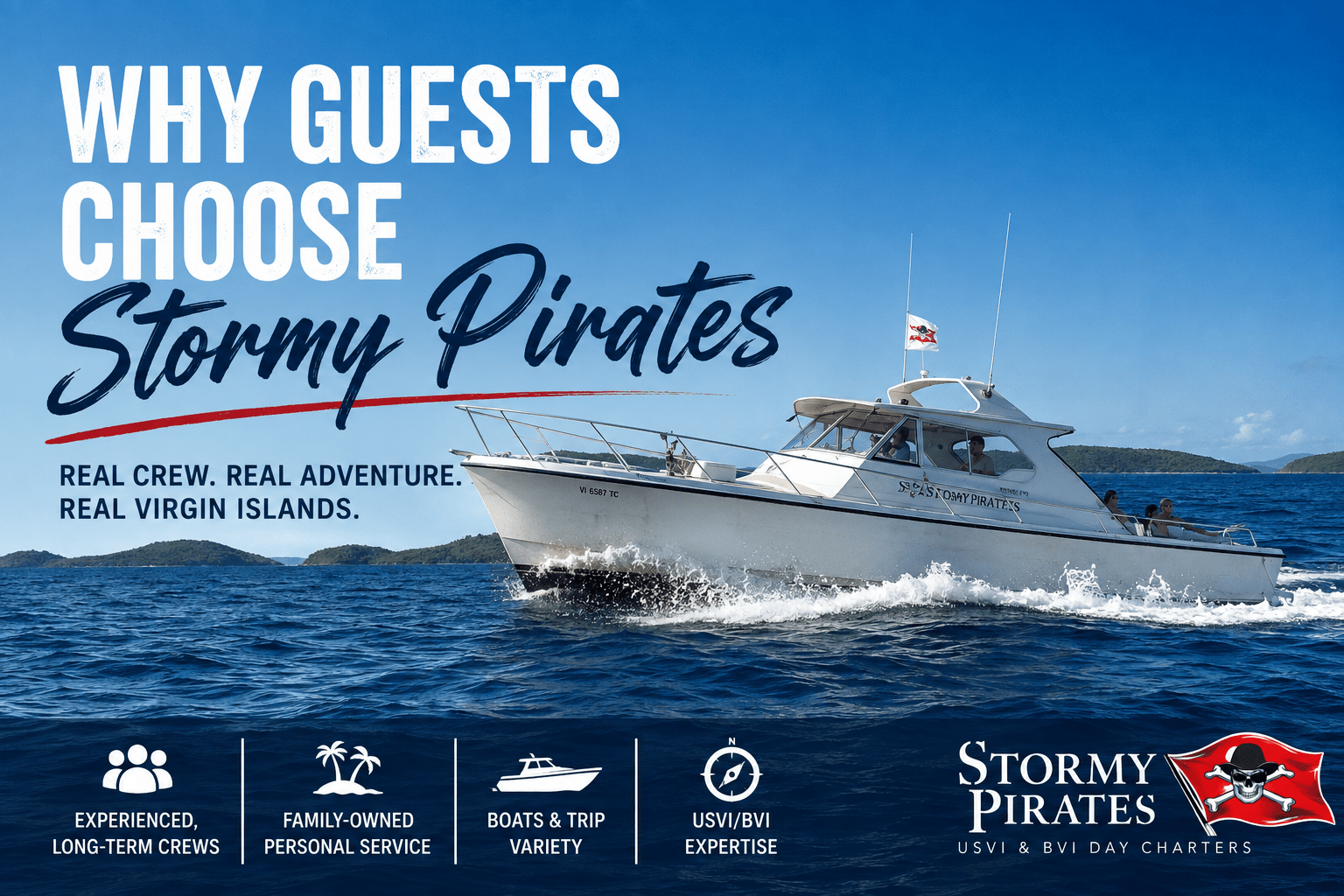 Boat on ocean with 'Stormy Pirates' branding, themed icons, and promotional text.